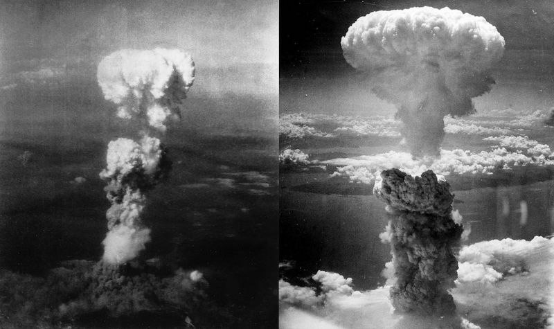 Atomic bomb mushroom clouds over Hiroshima (left) and Nagasaki (right)