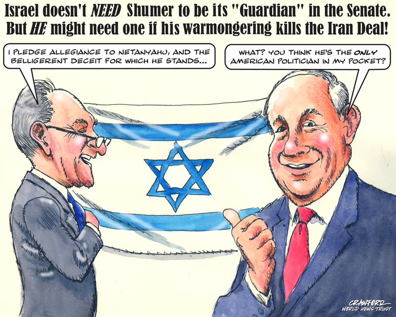 "Schumer Has Loyalty Issues." Editorial cartoon by Gregory Crawford. © 2015 World News Trust