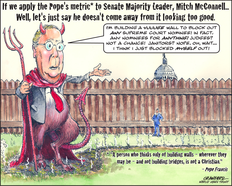"McConnells Wall." Editorial cartoon by Gregory Crawford. © 2016 World News Trust.