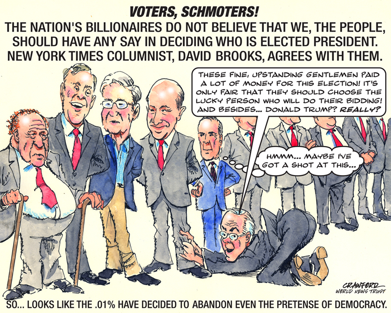 "Voters Schmoters." Editorial cartoon by Gregory Crawford. © 2016 World News Trust.