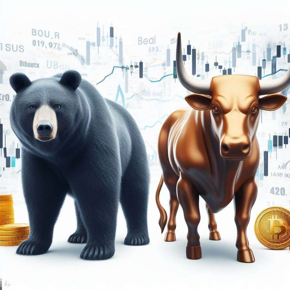 A bear and a bull symbolize financial markets. Bing