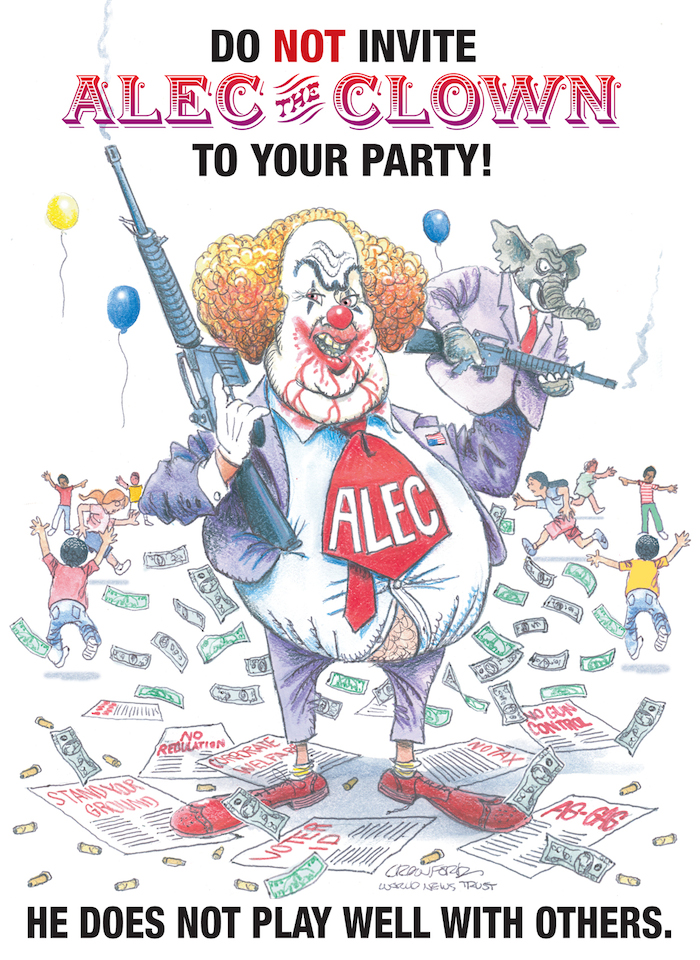 Do not invite ALEC to your party! He does not play well with others. Political cartoon by Gregory Crawford