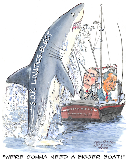 'We're Gunna' Need A Bigger Boat!' Editorial cartoon by Gregory Crawford. © World News Trust 2014