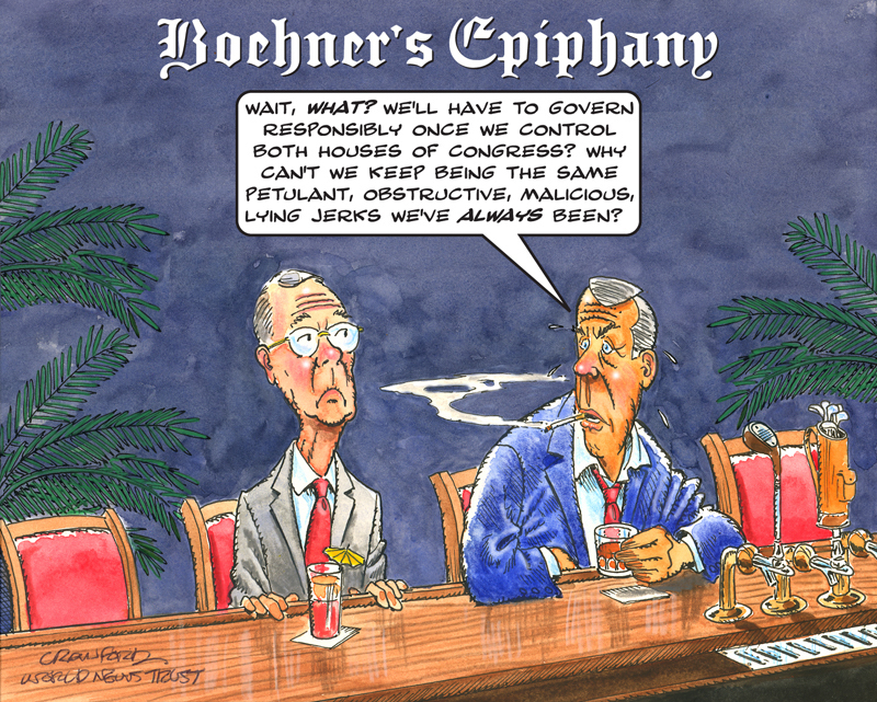 Boehner's Epiphany. Editorial cartoon by Gregory Crawford. ©World News Trust 2014