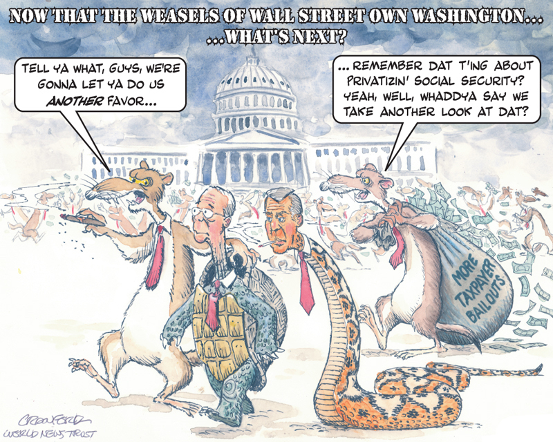 Weasels of Wall Street. Editorial cartoon by Gregory Crawford. © World News Trust 2014