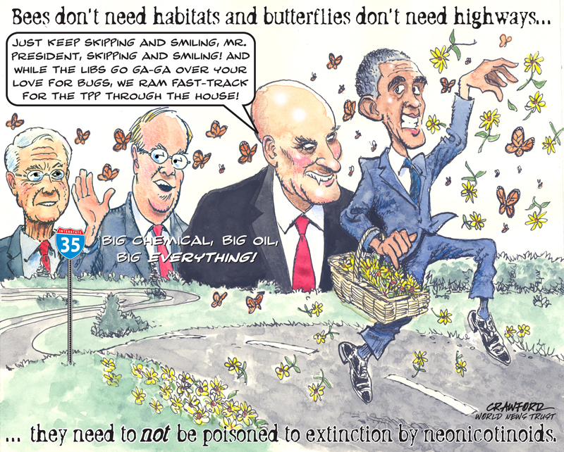 "Butterflies & Bees." Editorial cartoon by Gregory Crawford. © 2015 World News Trust