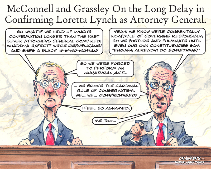 "Confirmation." Editorial cartoon by Gregory Crawford. © 2015 World News Trust