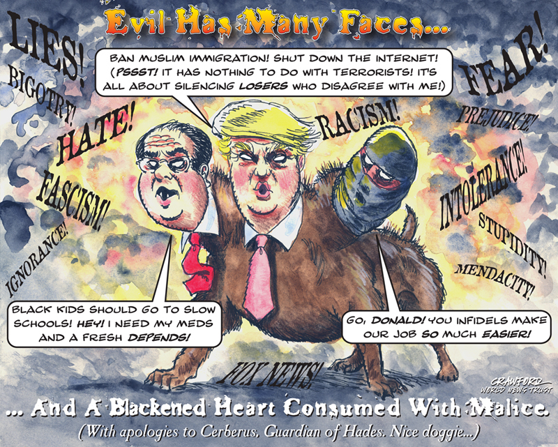 "Evil Has Many Faces." Editorial cartoon by Gregory Crawford. © 2015 World News Trust