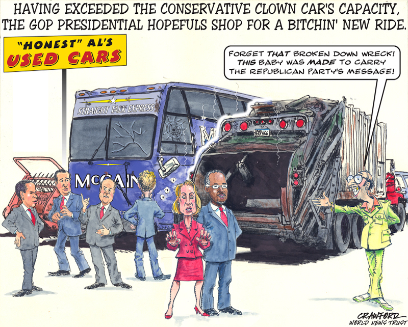 "GOP Clown Car." Editorial cartoon by Gregory Crawford. © 2015 World News Trust