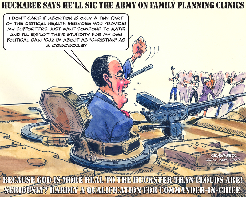 "Huckabee Talks War." Editorial cartoon by Gregory Crawford. © 2015 World News Trust