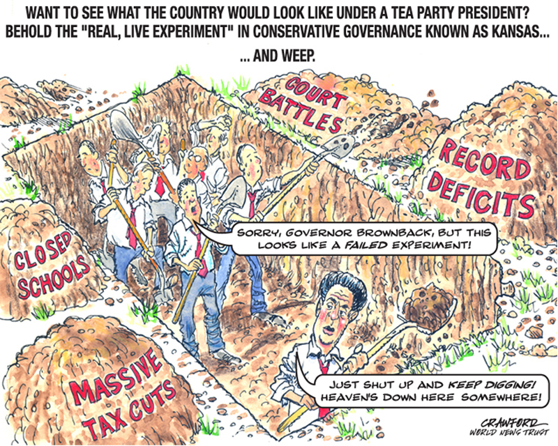 "Kansas Experiment." Editorial cartoon by Gregory Crawford. © 2015 World News Trust