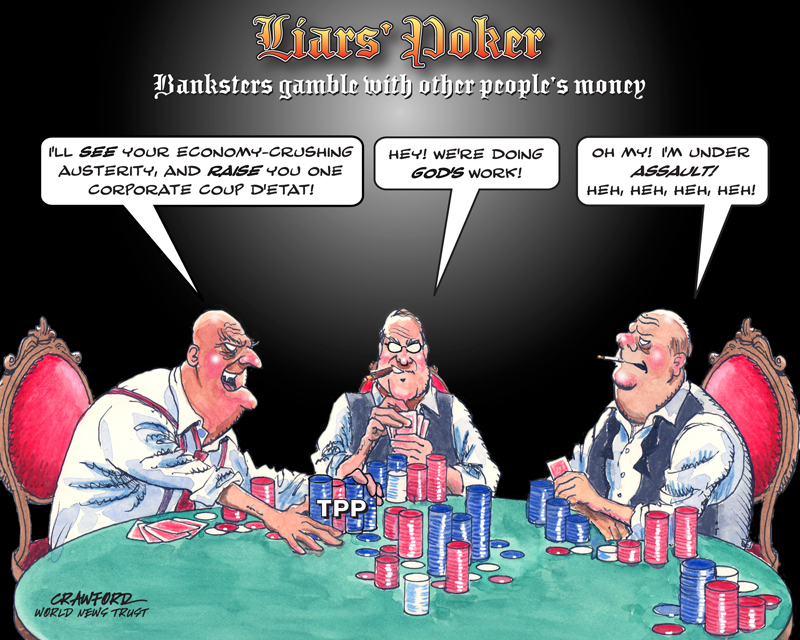 "Liars' Poker." Editorial cartoon by Gregory Crawford. © 2015 World News Trust