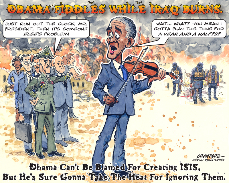 "Obama Fiddles." Editorial cartoon by Gregory Crawford. © 2015 World News Trust