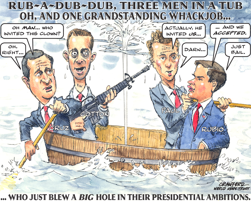 'Rub-A-Dub-Dub.' Editorial cartoon by Gregory Crawford. © 2015 World News Trust