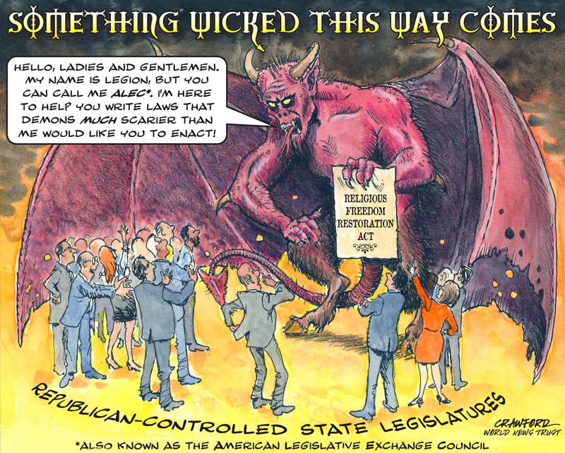 "Something Wicked." Editorial cartoon by Gregory Crawford. © 2015 World News Trust