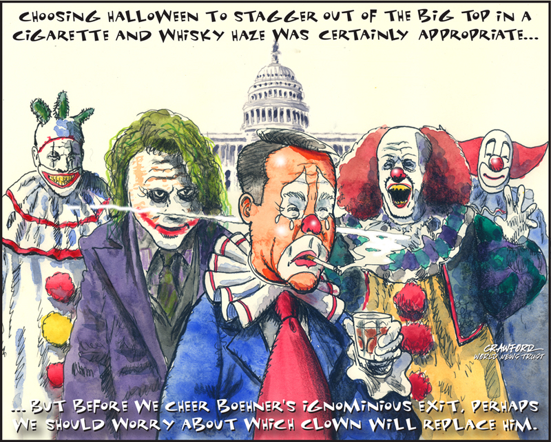 "Tears of a Clown." Political cartoon by Gregory Crawford. © 2015 World News Trust.