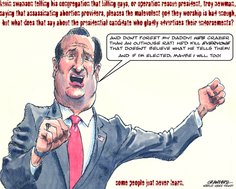 Ted Cruz Doubles Down. Editorial Cartoon by Gregory Crawford. © 2015 World News Trust.