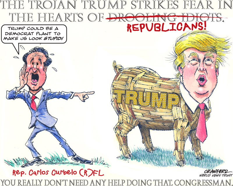 "The Trojan Trump." Editorial cartoon by Gregory Crawford. © 2015 World News Trust