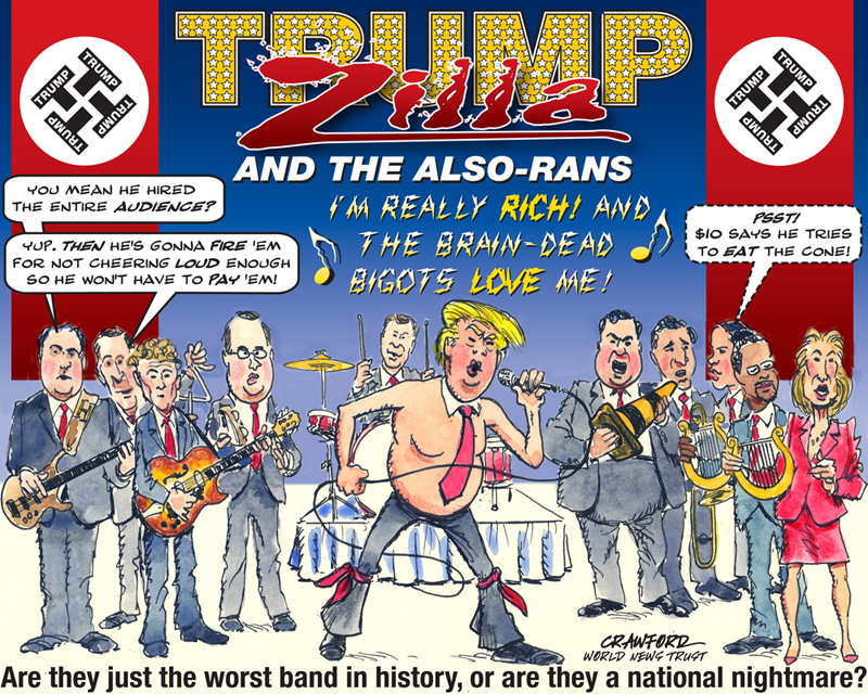 "Trump Zilla." Editorial cartoon by Gregory Crawford. © 2015 World News Trust.