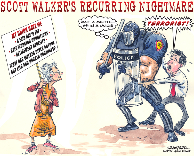'Scott Walker's Recurring Nightmare.' Editorial cartoon by Gregory Crawford. © Copyright 2015 World News Trust
