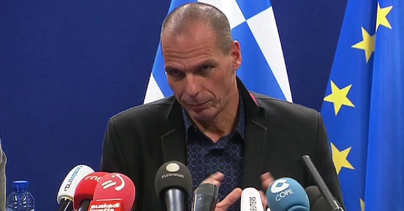 Greece Finance Minister Yanis Varoufakis speaks to reporters following the breakdown of negotiations in Brussels on Monday. (Image: screenshot/EU)
