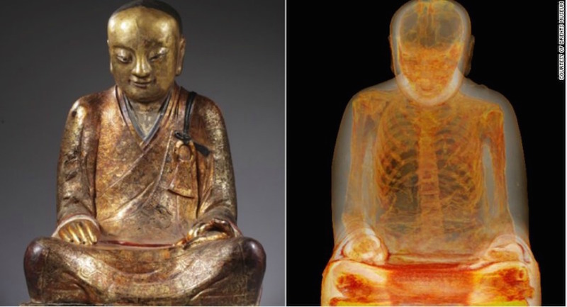 A gold statue of Buddha housed at Hungary's Natural History Museum has been discovered to contain the mummified body of an ancient Chinese monk. PHOTO CREDIT: Courtesy Drents Museum