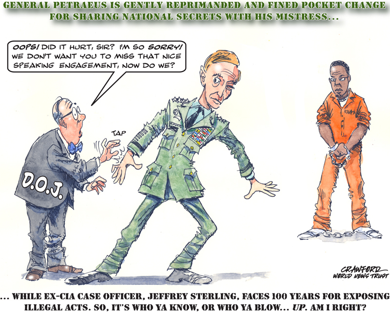 "Petraeus Is Reprimanded." Editorial cartoon by Gregory Crawford. © 2015 World News Trust