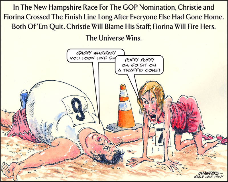 "Christie & Fiorina Quit." Editorial cartoon by Gregory Crawford. © 2016 World News Trust.