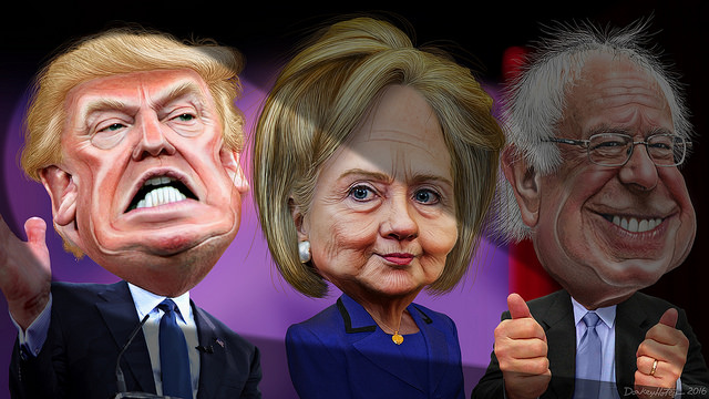 MSM spotlights Donald Trump vs. Hillary Clinton and Bernie Sanders. By DonkeyHotey Flickr/(CC BY-SA 2.0). Nightly News Coverage in 2015: Trump 234 mins, Clinton, 113 mins, Sanders 10 mins - Sag / Daily Kos   This caricature of Donald Trump was adapted from Creative Commons licensed images from Gage Skidmore's flickr photostream. This caricature of Hillary Clinton was adapted from a photo in the public domain from the East Asia and Pacific Media's Flickr photostream. The body was adapted from a photo in the public domain from the U.S. Department of State's Flickr photostream. This caricature of Bernie Sanders was adapted from a Creative Commons licensed photo by Nick Solari available via Wikimedia.