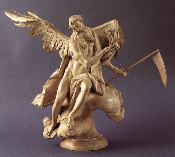 Chronos. By Franz Ignaz Gunther. 1765-70. Limewood, white painted, height 52 cm. Bayerisches Nationalmuseum, Munich. The statuette showing Chronos with the hourglass is an allegorical representation of passing time and transitoriness in general. The figure may have adorned a clock case or memorial tablet.Though the movement of the soulful but tired old man and the sweeping outline remained essentially late Baroque characteristics, the classically developed body and uniform white of the paint indicate pictorial concepts of Neoclassicism. 