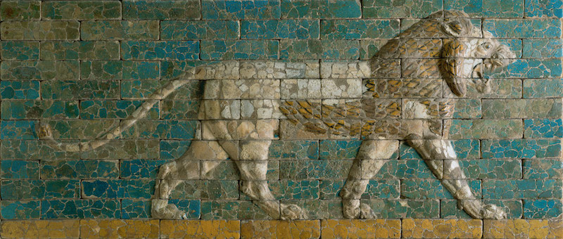 Panel with striding lion. Period: Neo-Babylonian. Date: ca. 604–562 B.C. Geography: Mesopotamia, Babylon (modern Hillah)  Culture: Babylonian. Medium: Ceramic, glaze.  Dimensions: H. 38 1/4 in. (97.2 cm). Classification: Ceramics.