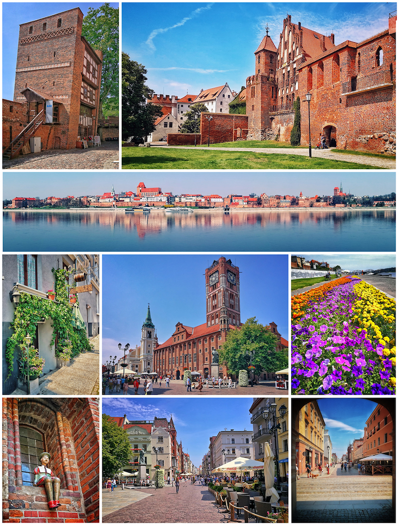 From top, left to right: Leaning Tower of Toruń -- Gothic defensive walls -- Old Town seen from the Vistula -- Św. Ducha Street -- Town Hall -- Philadelphia riverbanks -- Tenement detail -- Marketplace -- Różana Street. By Mateuszgdynia, (CC BY-SA 4.0), https://commons.wikimedia.org/w/index.php?curid=61841420
