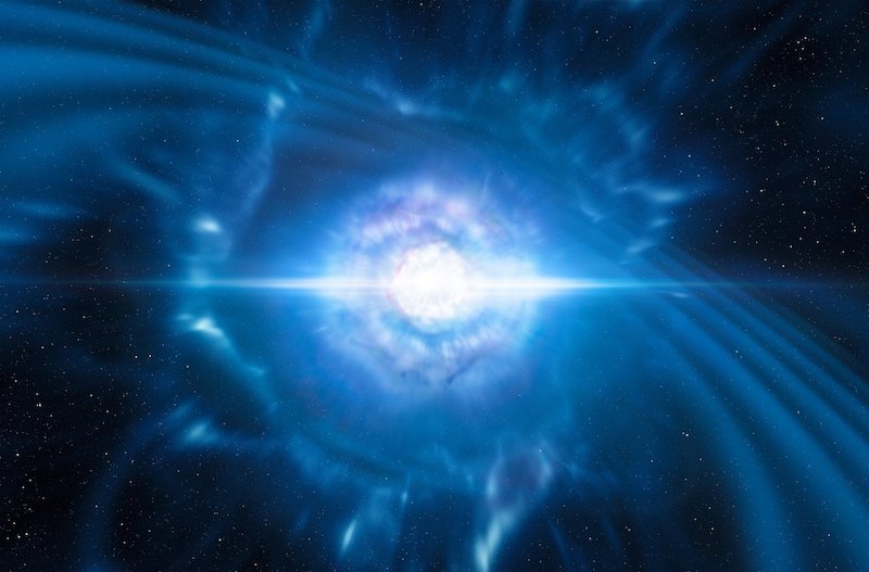 This artist's impression shows two tiny but very dense neutron stars at the point at which they merge and explode as a kilonova. Such a very rare event is expected to produce both gravitational waves and a short gamma-ray burst, both of which were observed on 17 August 2017 by LIGO-Virgo and Fermi/INTEGRAL respectively. Subsequent detailed observations with many ESO telescopes confirmed that this object, seen in the galaxy NGC 4993 about 130 million light-years from the Earth, is indeed a kilonova. Such objects are the main source of very heavy chemical elements, such as gold and platinum, in the Universe. Credit: ESO/L. Calçada/M. Kornmesser