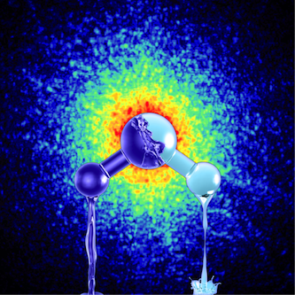 Artist's impression of the two forms of ultra-viscous liquid water with different density. On the background is depicted the x-ray speckle pattern taken from actual data of high-density amorphous ice, which is produced by pressurizing water at very low temperatures. Credit: Mattias Karlén