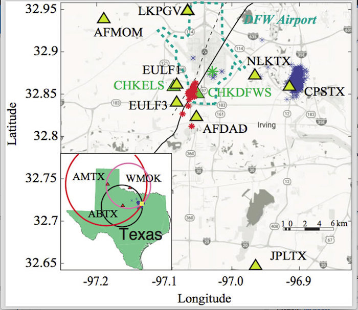 Study area for the DFW Airport earthquake sequence. Yellow triangles are the 2008-2009 SMU operated stations. Blue asterisks are the earthquakes reported by the 2013-2016 SMU earthquake catalog, indicating continued seismicity at the DFW Airport -- its boundaries indicated by the dotted blue-green line. Solid black line is the DFW Airport fault. Credit: SMUStudy area for the DFW Airport earthquake sequence. Yellow triangles are the 2008-2009 SMU operated stations. Blue asterisks are the earthquakes reported by the 2013-2016 SMU earthquake catalog, indicating continued seismicity at the DFW Airport -- its boundaries indicated by the dotted blue-green line. Solid black line is the DFW Airport fault. Credit: SMU