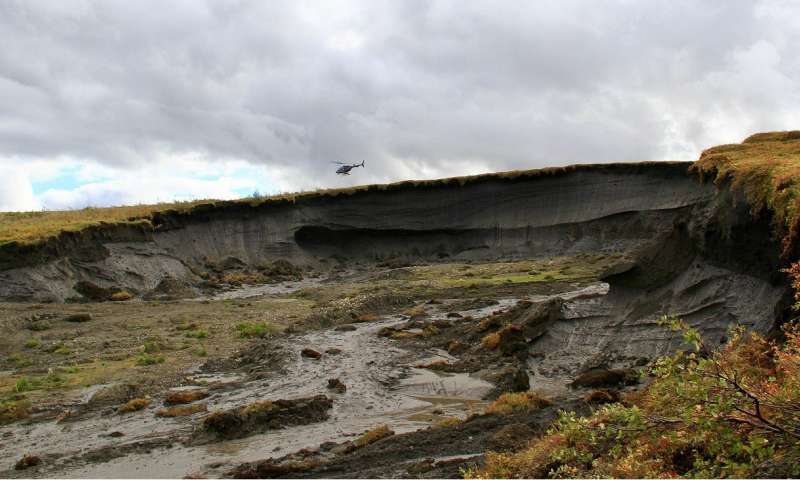 A permafrost thaw slump on the Peel Plateau in the Northwest Territories exposes permafrost rich in ice and sediment. As the permafrost thaws and collapses, sulfuric acid in water breaks down the exposed minerals, releasing substantial amounts of carbon dioxide. Credit: Scott Zolkos
