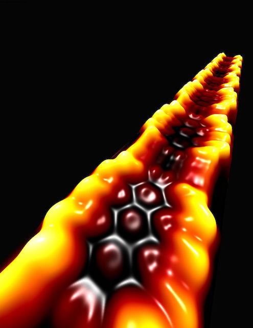 Scanning tunneling microscope image of a topological nanoribbon superlattice. Electrons are trapped at the interfaces between wide ribbon segments (which are topologically non-trivial) and narrow ribbon segments (which are topologically trivial). The wide segments are 9 carbon atoms across (1.65 nanometers) while the narrow segments are only 7 carbon atoms across (1.40 nanometers). Credit: Michael Crommie, Felix Fischer, UC Berkeley