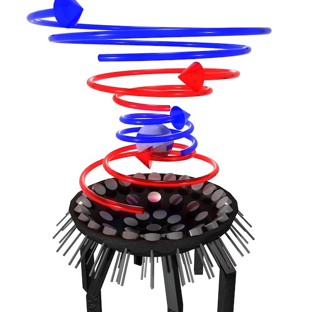 Working principle of virtual vortices: intertwined short vortices of opposite directions are emitted to trap and stabilize the particle. Credit: University of Bristol