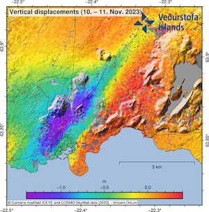 Estimate of the vertical displacements caused by the dike during its initial propagation from Friday afternoon to Saturday morning. The displacements were estimated by combining ICEYE and COSMO-SkyMed pixel offset tracking results.