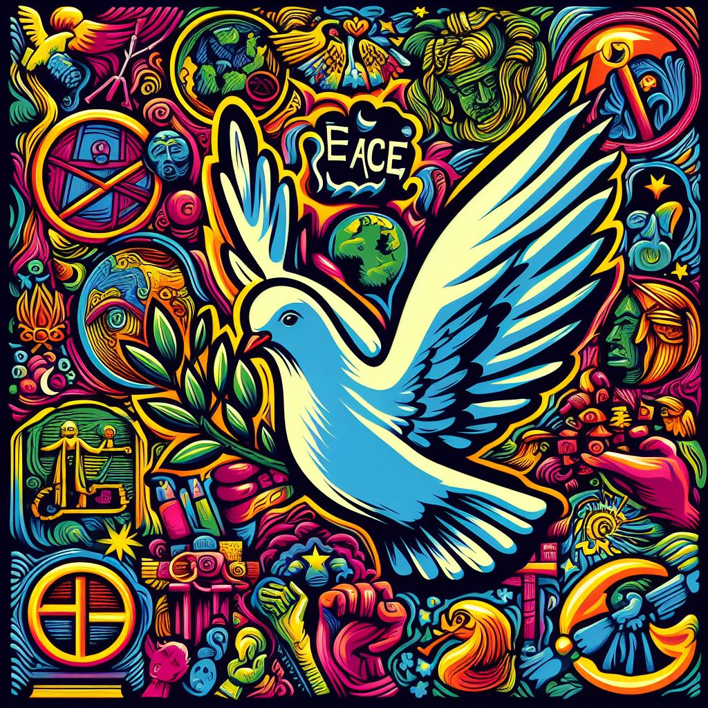 An image of world peace in the style of Peter Max. Bing